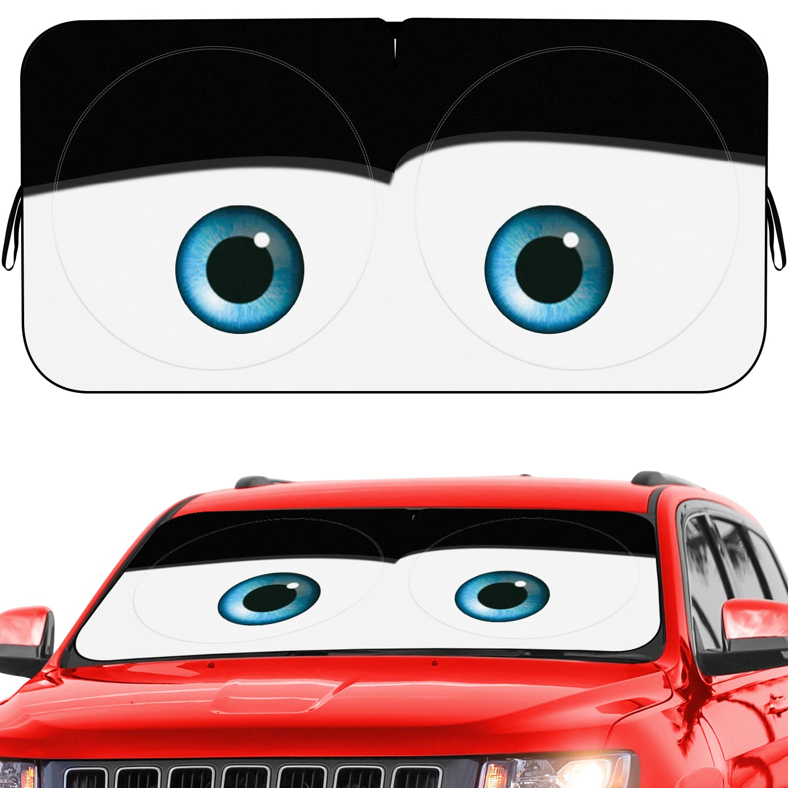 Car Windshield Sun Shade, Funny Eyes Sun Visor, Wear-Resistant Black Tape, Foldable 59‘’X27.5‘’/63''X31.5''